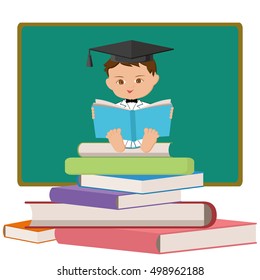 Baby professor or graduating student reading a book and sitting on a colorful book tower on white background. Vector illustration in flat style. 