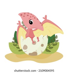 A baby pterodactel sits in an egg shell with its wings spread. A dinosaur hatches from an egg. Baby dragon