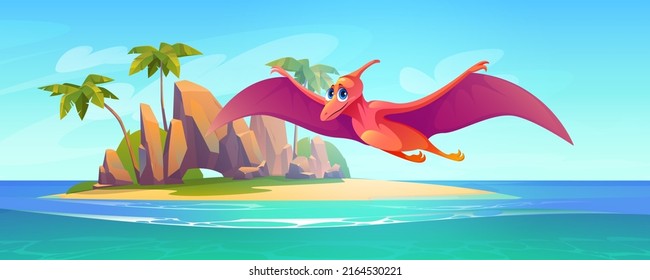 Baby pterodactyl fly above sea. Cute flying dinosaur character. Vector cartoon illustration of tropical island landscape with sand beach, palm trees, ocean and funny dino