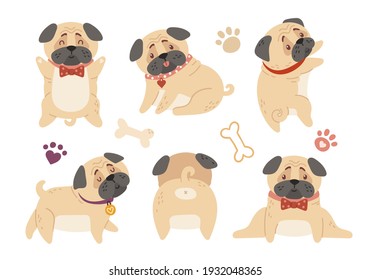 Baby-Pugs-Kinder einzeln auf Video-Set, Hunde oder Welpen, Knochen, Pfau-Kindergartenpakete, süße Babytiere oder Haustiere Design-Elemente auf weiß für Poster, T-Shirt-Druck und mehr