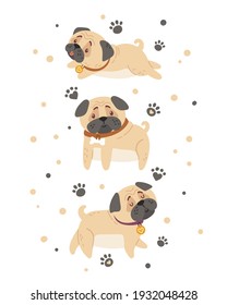 Baby pugs kids pre made poster template, Dog or puppy and paw nursery card 16-20 inches, printable wall art with cartoon baby animals or pets for poster, t-shirt printing and more