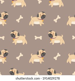 Baby pugs kids seamless pattern, Dog or puppy and bones digital paper, vector seamless background with cute cartoon baby animals or pets for nursery textile, scrapbook, wrapping