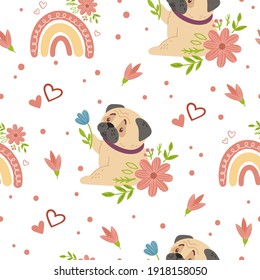 Baby pugs kids seamless pattern, Dog or puppy, rainbow and spring flowers digital paper, seamless background with cute cartoon baby animals or pets for nursery textile, scrapbook, wrapping