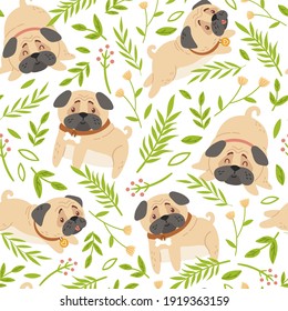 Baby pugs kids seamless pattern, Dog or puppy and spring flowers digital paper, seamless background with cute cartoon baby animals or pets for nursery textile, scrapbook, wrapping