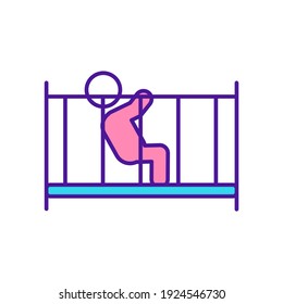 Baby Pull Up And Stand RGB Color Icon. Developmental Milestone For Infants. Toddler Getting Up In Cradle. Child In Bed. Childcare, Nursery. Early Childhood Development. Isolated Vector Illustration