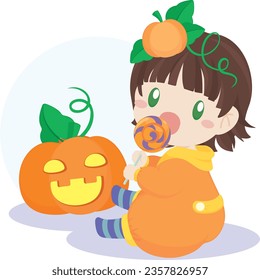 Baby in Pumpkin Costume with Lollipop