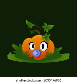 Calabaza infantil sobre la hierba. Pequeña verdura. Dibujo vegetal de la caricatura de otoño 