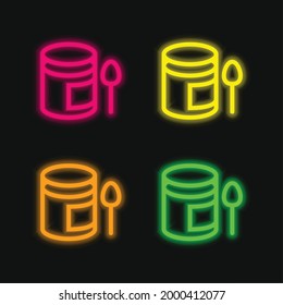 Baby Puree Pot And A Spoon four color glowing neon vector icon