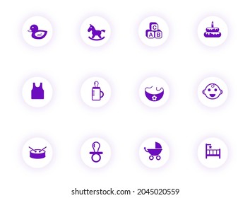 Baby Purple Color Vector Icons On Light Round Buttons With Purple Shadow. Baby Icon Set For Web, Mobile Apps, Ui Design And Print