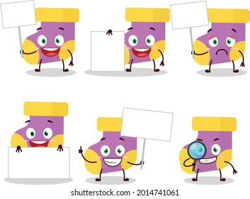 Baby purple socks cartoon character bring information board. Vector illustration