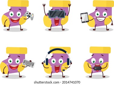 Baby purple socks cartoon character are playing games with various cute emoticons. Vector illustration