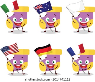 Baby purple socks cartoon character bring the flags of various countries. Vector illustration