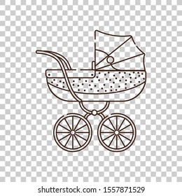 Baby purple stroller with white polka dots. Vector isolated object on a transparent background. Birth of a baby boy or girl. Outline illustration icon