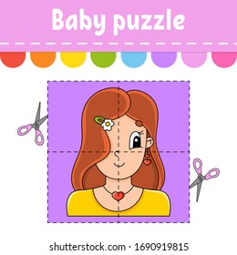 Baby puzzle. Easy level. Flash cards. Cut and play. Color activity worksheet. Game for children. Cartoon character.