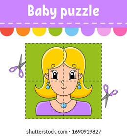Baby-Rätsel. Leicht. Flash-Karten. Schneide und spiele. Arbeitsblatt für Farbaktivität. Spiel für Kinder. Cartoon-Charakter.