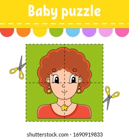 El rompecabezas del bebé. Nivel fácil. Tarjetas Flash. Corta y juega. Hoja de cálculo de actividad de color. Juego para niños. Caricatura.