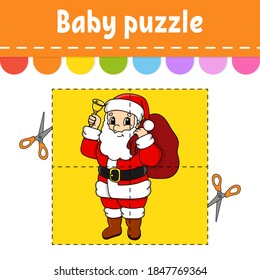 Baby puzzle. Easy level. Flash cards. Cut and play. Christmas theme. Color activity worksheet. Game for children. Cartoon character.