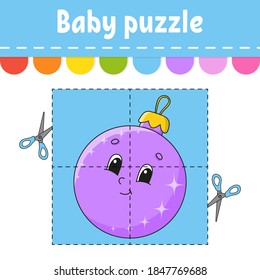 Baby puzzle. Easy level. Flash cards. Cut and play. Christmas theme. Color activity worksheet. Game for children. Cartoon character.