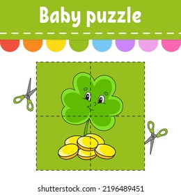 Baby puzzle. Easy level. Flash cards. Cut and play. Color activity worksheet. Game for children. cartoon character. Vector illustration.