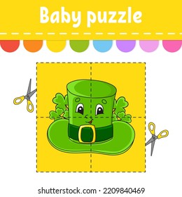 Baby puzzle. Easy level. Flash cards. Cut and play. Color activity worksheet. Game for children. cartoon character. Vector illustration.