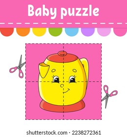 Baby puzzle. Easy level. Flash cards. Cut and play. Color activity worksheet. Game for children. cartoon character. Vector illustration.