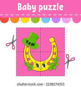 Baby puzzle. Easy level. Flash cards. Cut and play. Color activity worksheet. Game for children. cartoon character. Vector illustration.