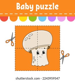 Rompecabezas bebé. Nivel fácil. Tarjetas flash. Corta y juega. Hoja de trabajo de actividad de color. Juego para niños. personaje de dibujos animados. Ilustración vectorial.