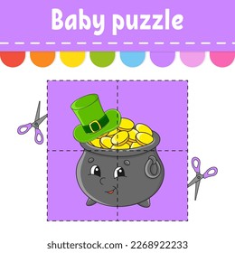 Baby puzzle. Easy level. Flash cards. Cut and play. Color activity worksheet. Game for children. cartoon character. Vector illustration.