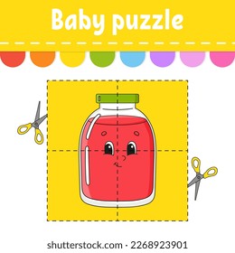 Baby puzzle. Easy level. Flash cards. Cut and play. Color activity worksheet. Game for children. cartoon character. Vector illustration.