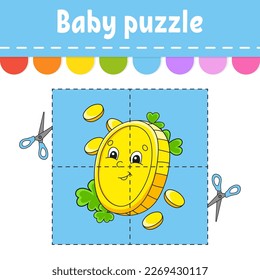 Baby puzzle. Easy level. Flash cards. Cut and play. Color activity worksheet. Game for children. cartoon character. Vector illustration.