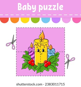 Baby puzzle. Easy level. Flash cards. Cut and play. Color activity worksheet. Game for children. cartoon character. Vector illustration.