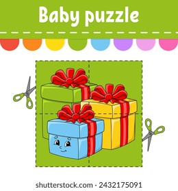 Baby-Rätsel. Einfache Stufe. Flash-Karten. Schneiden und spielen. Arbeitsblatt zur Farbaktivität. Spiel für Kinder. Cartoon Charakter. Vektorgrafik.