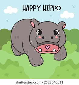 Baby Pygmy hippo hippopotamus zoo cartoon happy emotion in forest background. Series kawaii animals wildlife jungle drawing.  Perfect makes a wish for background and shirt design.