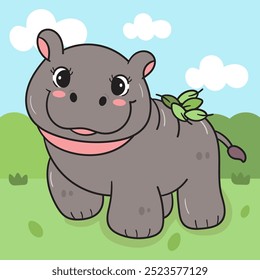 Baby Pygmy hipopótamo hipopótamo zoológico desenho animado emoção feliz no fundo da floresta. Série de animais kawaii animais selvagem selva desenho.  Perfeito faz um desejo para o fundo e design de camisa.