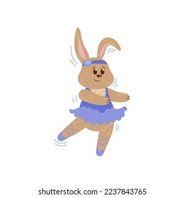 Baby rabbit in blue tutu and pointe shoes in Scandinavian style. Cute animal ballerina character vector illustration. Ballet concept for birthday card or shirt designs for girls