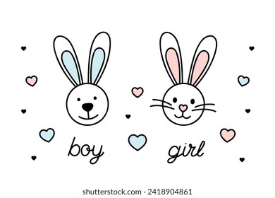 baby rabbit, bunny, girl or boy, baby announcement black line vector design elements on white background, baby shower card