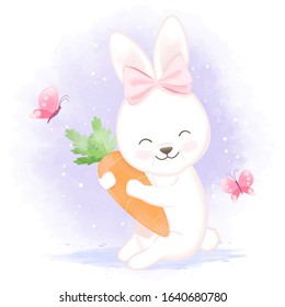 Baby rabbit with carrot, hand drawn cartoon watercolor illustration 