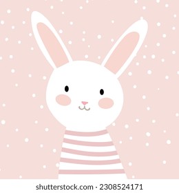 Baby Rabbit Character Vector on dotted background. Pink and cute white bunny wearing striped shirt. Kawaii Vector Illustration.