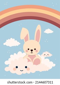 baby rabbit and clouds with rainbow