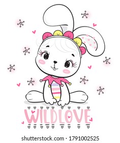 Baby rabbit girl cartoon sitting on the floor isolated on white background illustration vector, T-shirt design for kids.