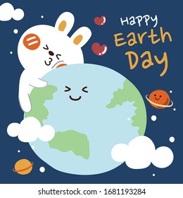 Baby rabbit kiss and hug earth. Cloud space planet cartoon background. Happy earth day writing. Save the world design. Vector. Illustration. 