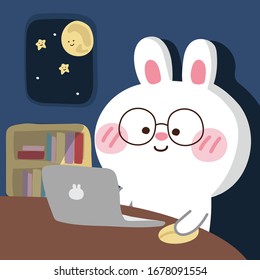 Baby rabbit looking laptop at night in room. using computer on desk for working. Cute cartoon character design. Doodle. Vector. Illustration.