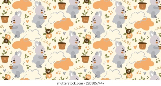 Baby rabbit with a plant in his hands seamless pattern for children. Gorgeous print for newborns, baby clothes, bodysuits, dresses. Printing for the little ones. Cute pattern.
