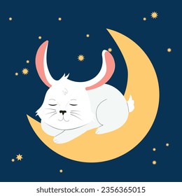 Baby rabbit sleeping on a crescent. Cartoon vector illustration.