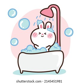 Baby rabbit taking a bath full of soap foam hand drawn. Bunny wash body with bubble in bathroom background. Cartoon character design. Animal doodle. Vector. Illustration.