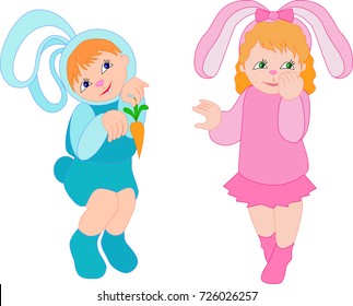 baby rabbits, boy and girl in costume leverets