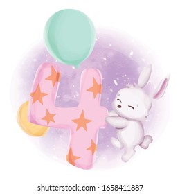 baby rabbit's fourth birthday,  watercolor 