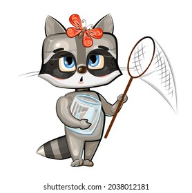 Baby Raccoon catch with a net butterflies. Characters of child stand. Funny scenery. A young animal. Cute cartoon style. Clipart illustration is isolated on white background. Vector.