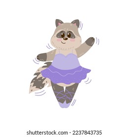 Baby raccoon as fairy in tutu and pointe shoes in Scandinavian style. Cute animal ballerina character vector illustration. Ballet concept for birthday card or shirt designs for girls