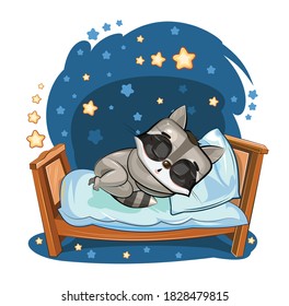 Baby Raccoon sleeps in bed. Dreaming. Night and stars. Children's illustration. Nice. The baby animal fell asleep. Cartoon style picture. Isolated on white background. Vector